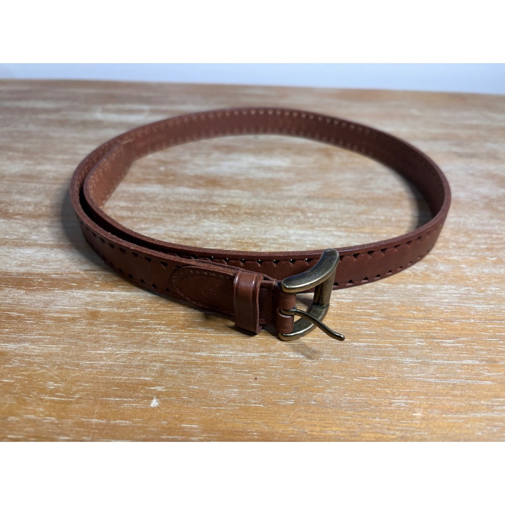 Lauren Lauren Brown Leather Cutout Geometric Belt Brass Buckle Size L Womens